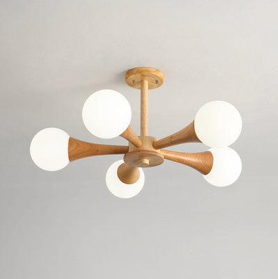 Contemporary Scandinavian Radiating Circular Spherical Wooden Glass 3/4/5 Light Semi-Flush Mount Ceiling Light For Living Room