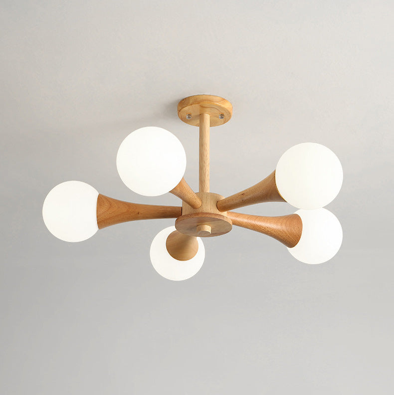 Contemporary Scandinavian Radiating Circular Spherical Wooden Glass 3/4/5 Light Semi-Flush Mount Ceiling Light For Living Room