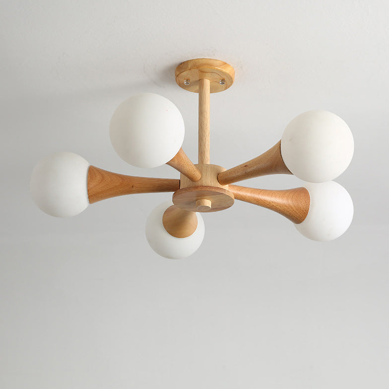 Contemporary Scandinavian Radiating Circular Spherical Wooden Glass 3/4/5 Light Semi-Flush Mount Ceiling Light For Living Room