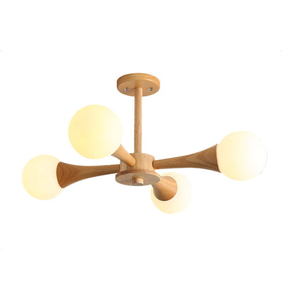 Contemporary Scandinavian Radiating Circular Spherical Wooden Glass 3/4/5 Light Semi-Flush Mount Ceiling Light For Living Room