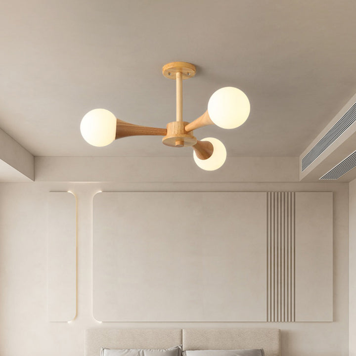 Zeitgenössische skandinavische strahlende kreisförmige sphärische Holz-Glas 3/4/5 Licht Halbeinbau-Deckenleuchte für Wohnzimmer 
