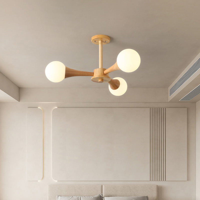 Contemporary Scandinavian Radiating Circular Spherical Wooden Glass 3/4/5 Light Semi-Flush Mount Ceiling Light For Living Room