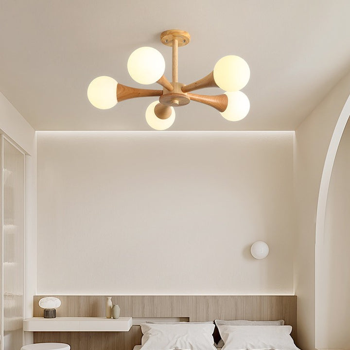 Zeitgenössische skandinavische strahlende kreisförmige sphärische Holz-Glas 3/4/5 Licht Halbeinbau-Deckenleuchte für Wohnzimmer 