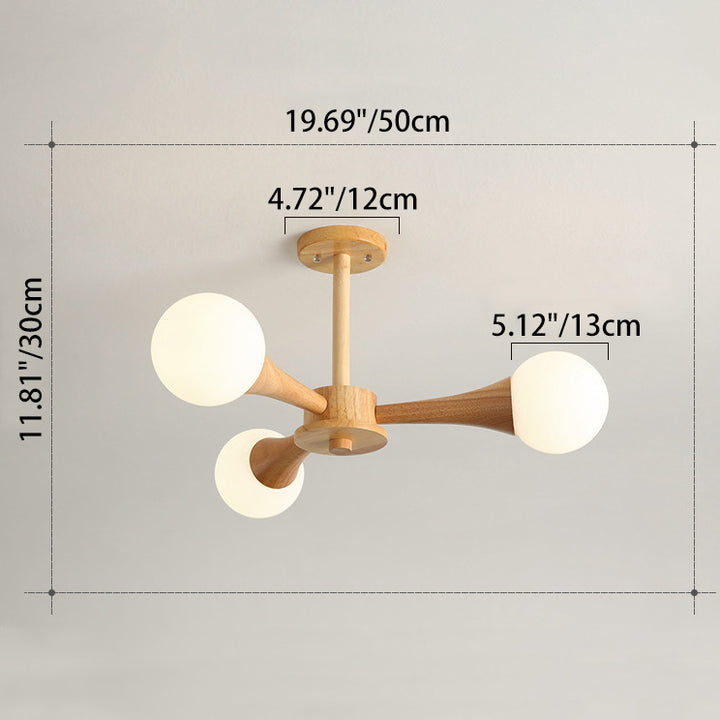 Zeitgenössische skandinavische strahlende kreisförmige sphärische Holz-Glas 3/4/5 Licht Halbeinbau-Deckenleuchte für Wohnzimmer 