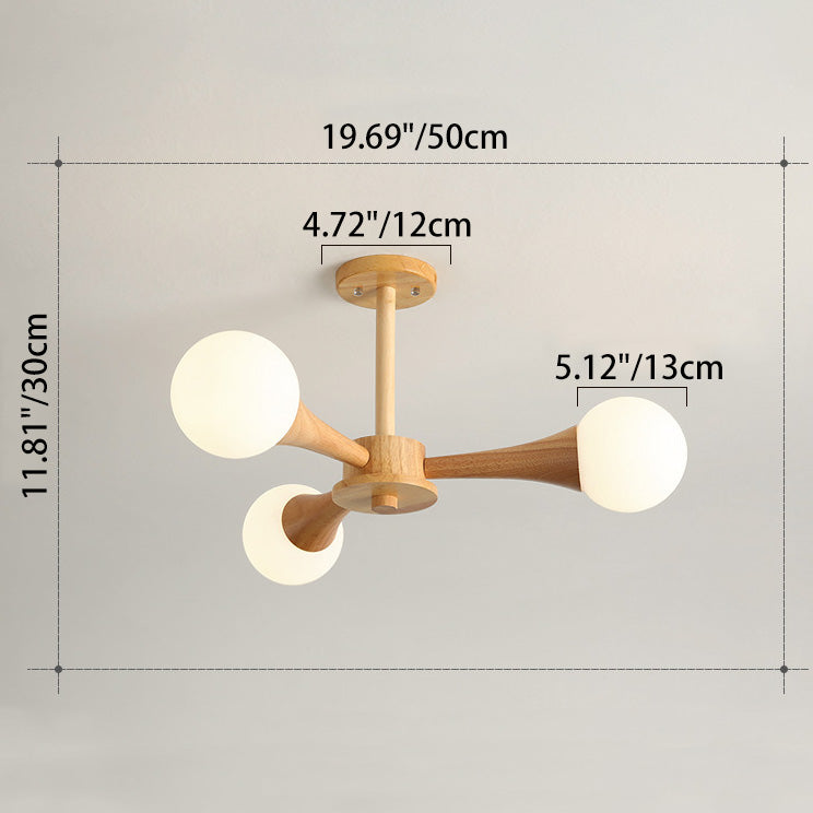 Contemporary Scandinavian Radiating Circular Spherical Wooden Glass 3/4/5 Light Semi-Flush Mount Ceiling Light For Living Room