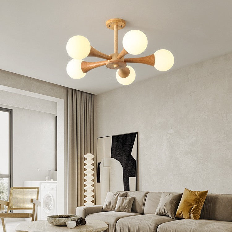 Zeitgenössische skandinavische strahlende kreisförmige sphärische Holz-Glas 3/4/5 Licht Halbeinbau-Deckenleuchte für Wohnzimmer 