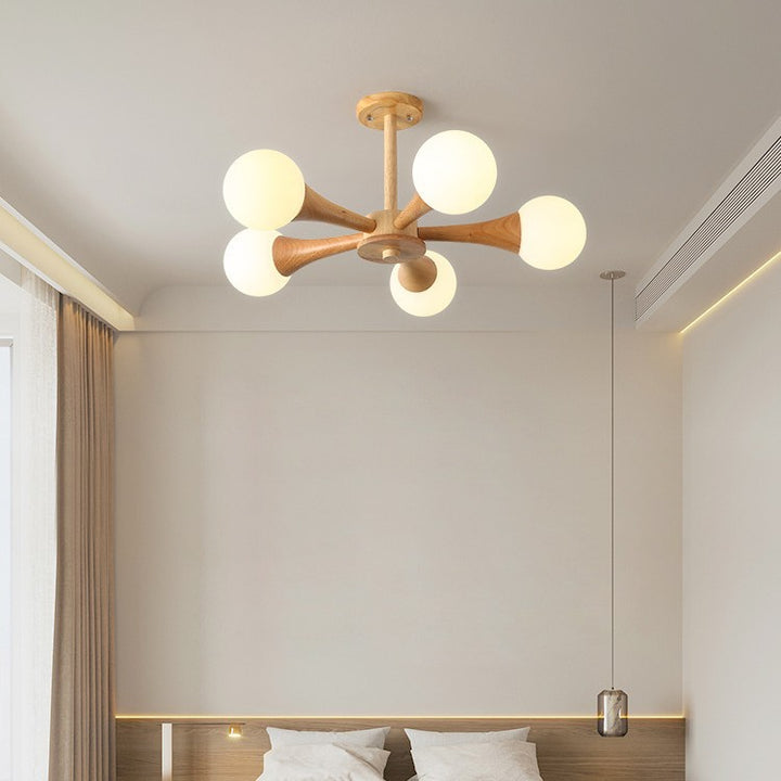 Zeitgenössische skandinavische strahlende kreisförmige sphärische Holz-Glas 3/4/5 Licht Halbeinbau-Deckenleuchte für Wohnzimmer 