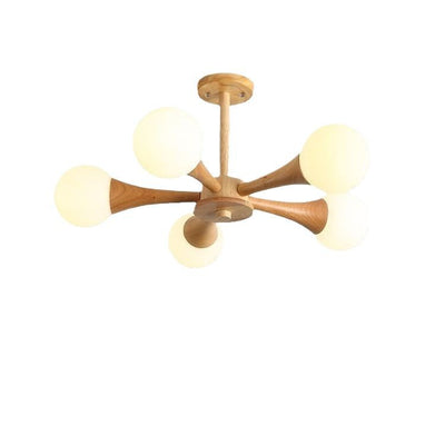 Contemporary Scandinavian Radiating Circular Spherical Wooden Glass 3/4/5 Light Semi-Flush Mount Ceiling Light For Living Room