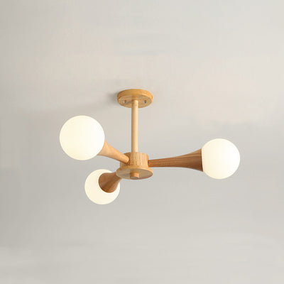 Contemporary Scandinavian Radiating Circular Spherical Wooden Glass 3/4/5 Light Semi-Flush Mount Ceiling Light For Living Room