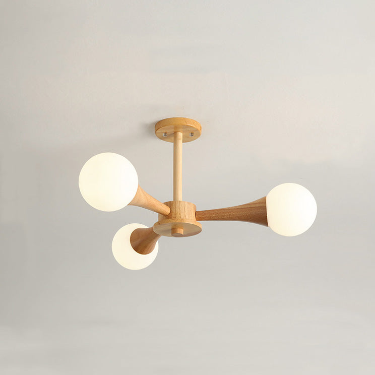 Contemporary Scandinavian Radiating Circular Spherical Wooden Glass 3/4/5 Light Semi-Flush Mount Ceiling Light For Living Room