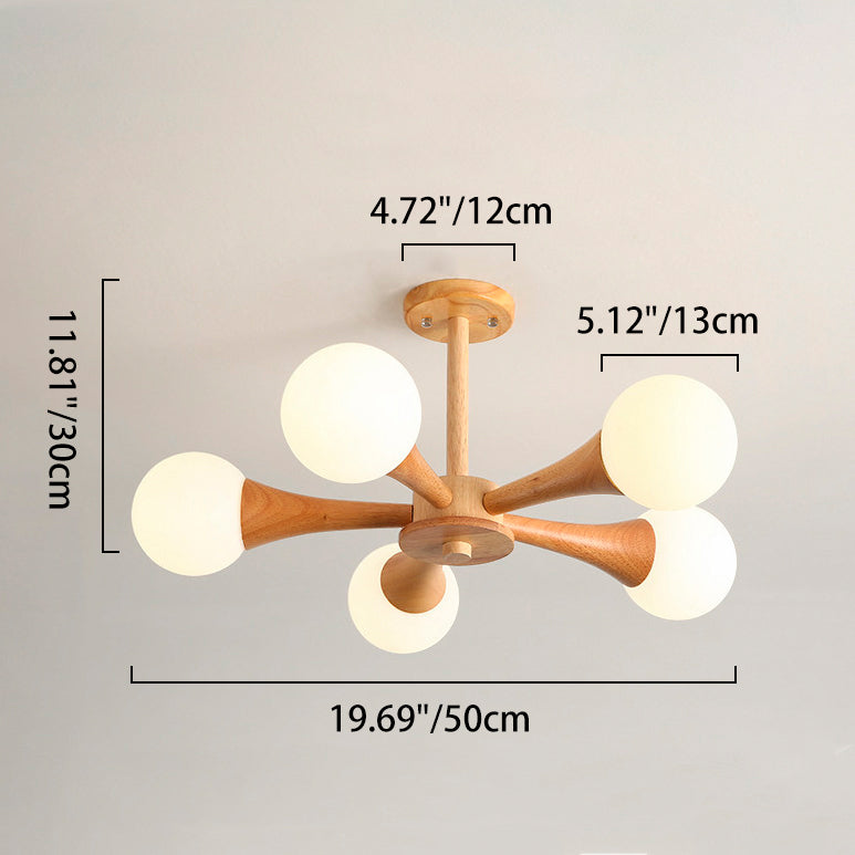 Zeitgenössische skandinavische strahlende kreisförmige sphärische Holz-Glas 3/4/5 Licht Halbeinbau-Deckenleuchte für Wohnzimmer 