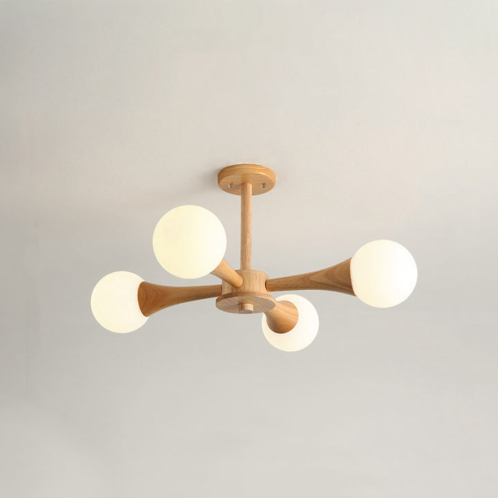 Zeitgenössische skandinavische strahlende kreisförmige sphärische Holz-Glas 3/4/5 Licht Halbeinbau-Deckenleuchte für Wohnzimmer 
