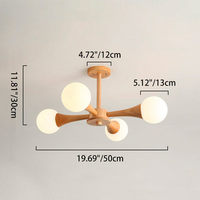 Contemporary Scandinavian Radiating Circular Spherical Wooden Glass 3/4/5 Light Semi-Flush Mount Ceiling Light For Living Room