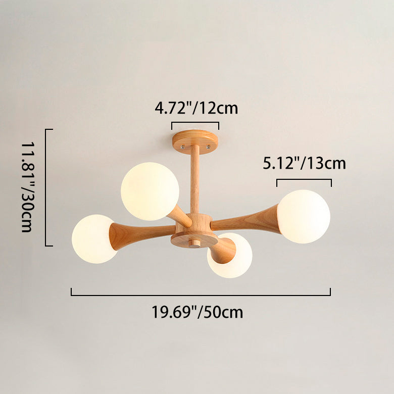 Contemporary Scandinavian Radiating Circular Spherical Wooden Glass 3/4/5 Light Semi-Flush Mount Ceiling Light For Living Room