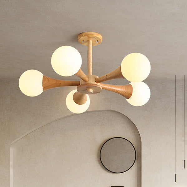 Zeitgenössische skandinavische strahlende kreisförmige sphärische Holz-Glas 3/4/5 Licht Halbeinbau-Deckenleuchte für Wohnzimmer 