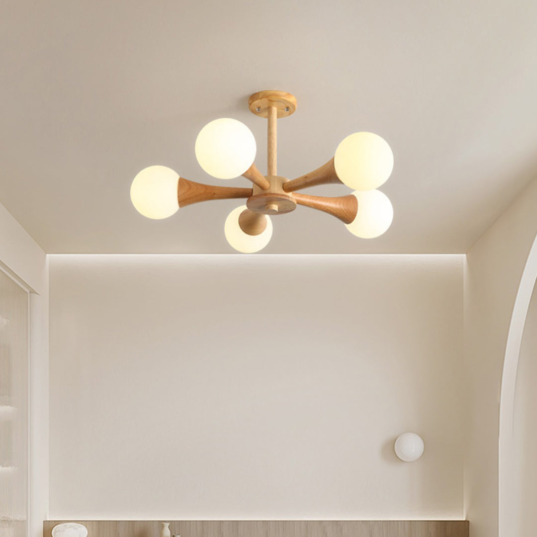 Zeitgenössische skandinavische strahlende kreisförmige sphärische Holz-Glas 3/4/5 Licht Halbeinbau-Deckenleuchte für Wohnzimmer 