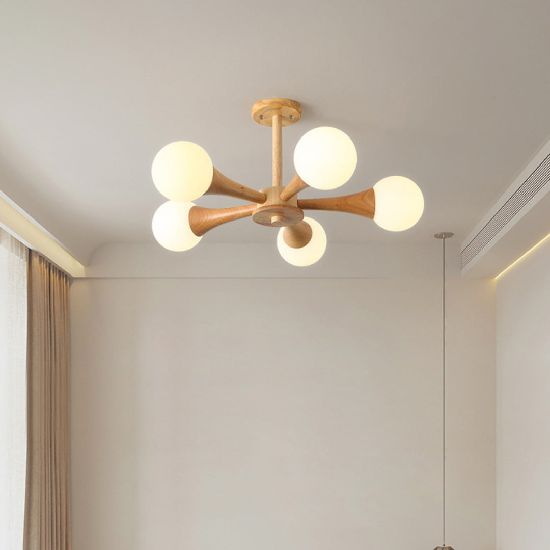 Zeitgenössische skandinavische strahlende kreisförmige sphärische Holz-Glas 3/4/5 Licht Halbeinbau-Deckenleuchte für Wohnzimmer 