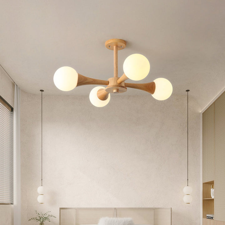 Zeitgenössische skandinavische strahlende kreisförmige sphärische Holz-Glas 3/4/5 Licht Halbeinbau-Deckenleuchte für Wohnzimmer 