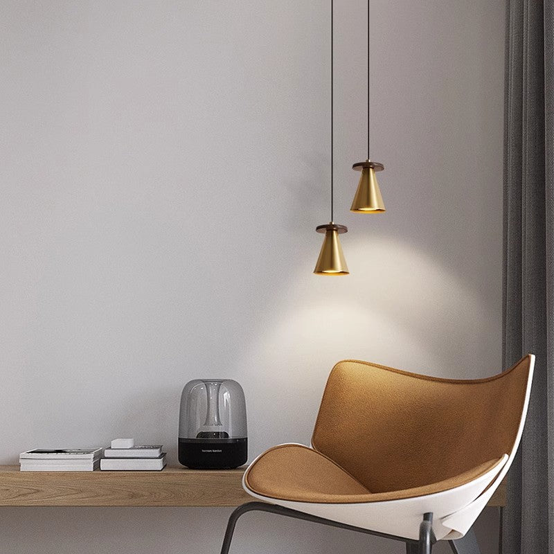 Contemporary Luxury Triangular Full Copper Walnut Wood 1-Light Pendant Light For Living Room