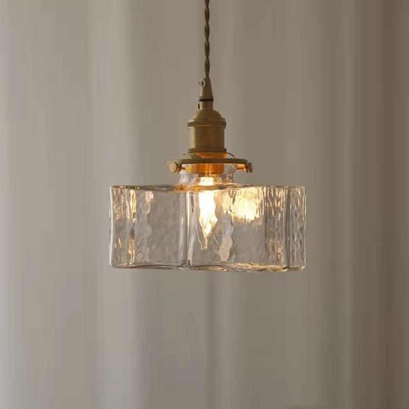 Lustre suspendu traditionnel vintage carré rectangle en verre ondulé fer à 1 lumière pour salon 