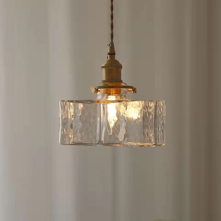 Lustre suspendu traditionnel vintage carré rectangle en verre ondulé fer à 1 lumière pour salon 