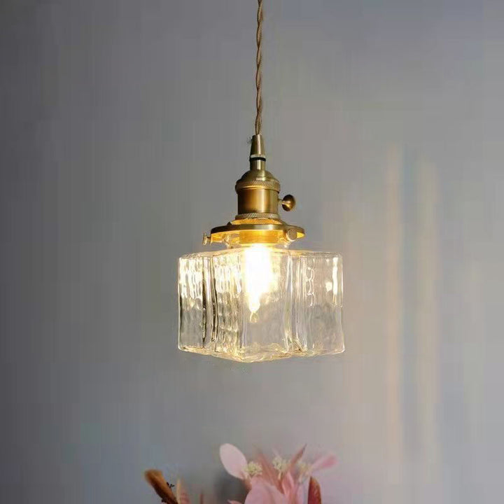 Lustre suspendu traditionnel vintage carré rectangle en verre ondulé fer à 1 lumière pour salon 
