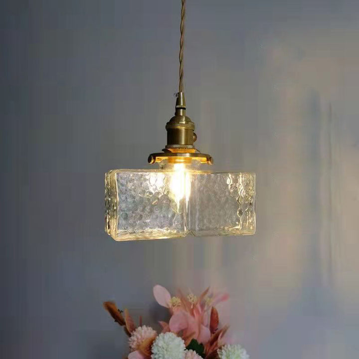 Lustre suspendu traditionnel vintage carré rectangle en verre ondulé fer à 1 lumière pour salon 