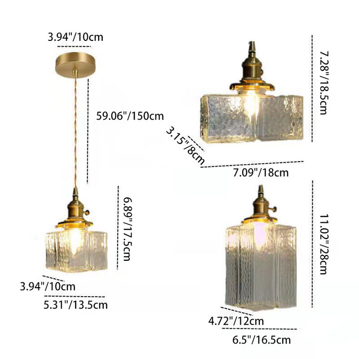 Lustre suspendu traditionnel vintage carré rectangle en verre ondulé fer à 1 lumière pour salon 