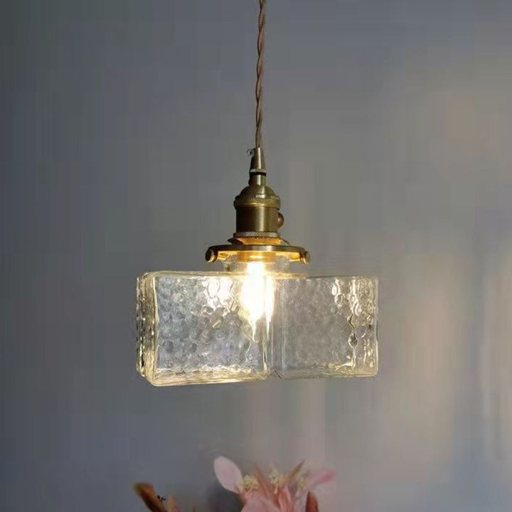 Lustre suspendu traditionnel vintage carré rectangle en verre ondulé fer à 1 lumière pour salon 