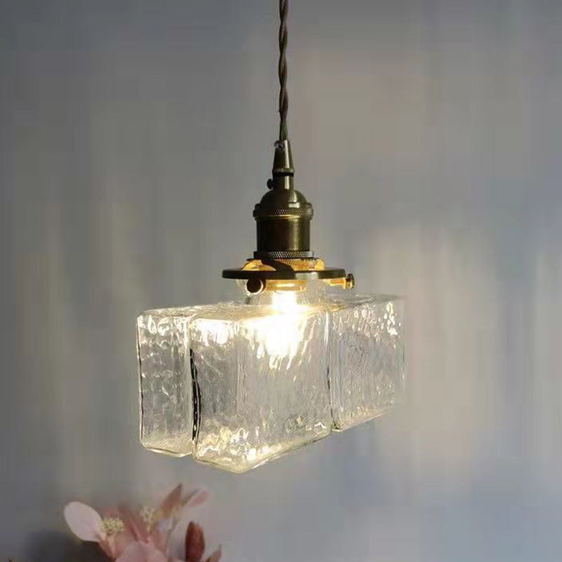 Lustre suspendu traditionnel vintage carré rectangle en verre ondulé fer à 1 lumière pour salon 
