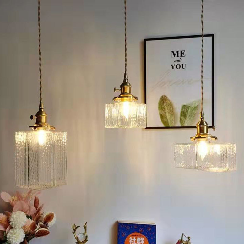 Lustre suspendu traditionnel vintage carré rectangle en verre ondulé fer à 1 lumière pour salon 