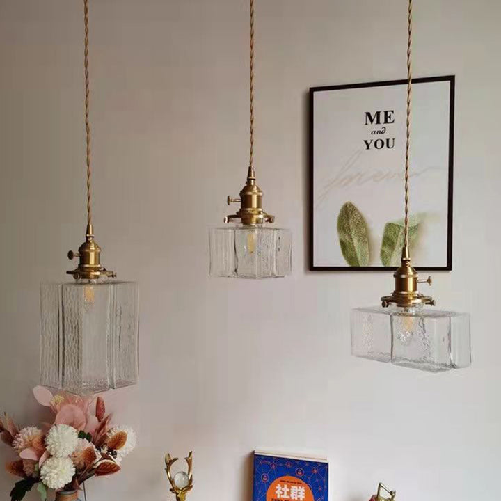Lustre suspendu traditionnel vintage carré rectangle en verre ondulé fer à 1 lumière pour salon 