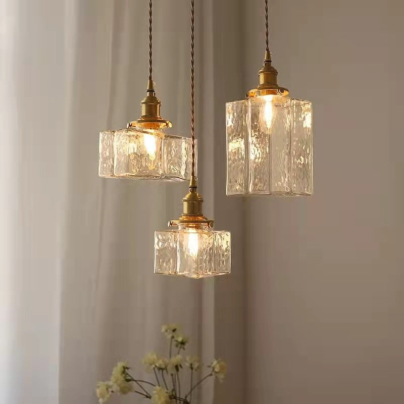 Traditionelle Vintage quadratische rechteckige Ripple Glas Eisen 1-Licht Pendelleuchte für Wohnzimmer 