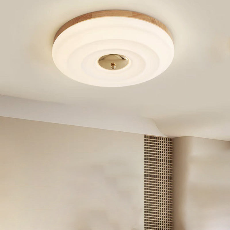 Plafonnier LED rond en crème nordique contemporain en fer, bois et acrylique pour chambre 