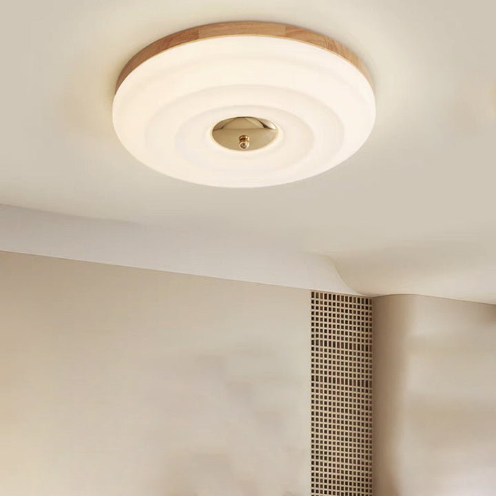 Plafonnier LED rond en crème nordique contemporain en fer, bois et acrylique pour chambre 