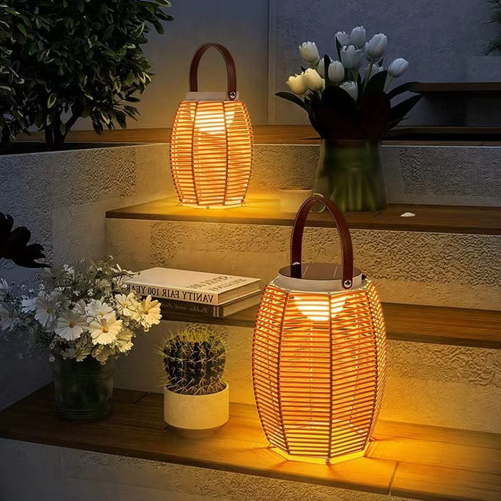 Lanterne solaire octogonale minimaliste moderne en fer et rotin LED pour jardin 