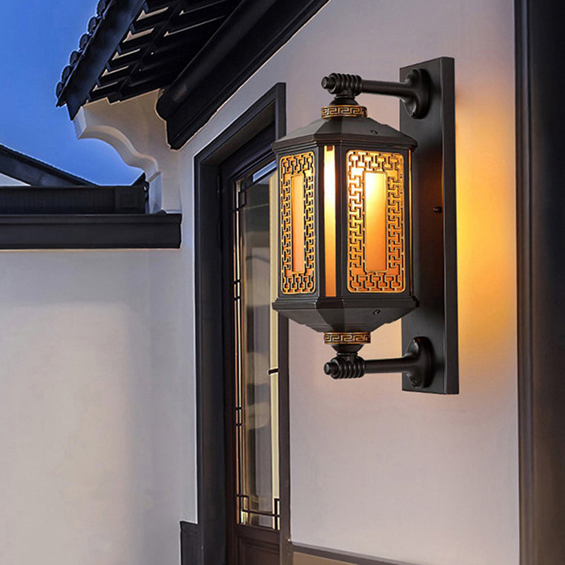 Lanterne rectangulaire chinoise traditionnelle en aluminium et verre à 1 lumière pour applique murale extérieure pour jardin 