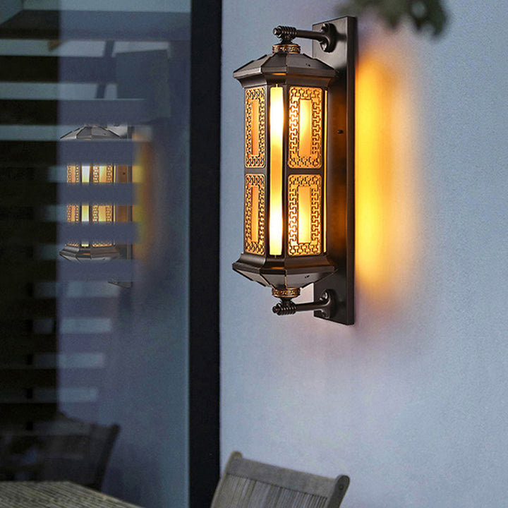 Lanterne rectangulaire chinoise traditionnelle en aluminium et verre à 1 lumière pour applique murale extérieure pour jardin 