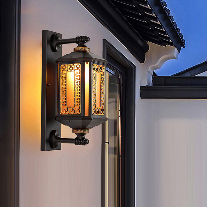 Lanterne rectangulaire chinoise traditionnelle en aluminium et verre à 1 lumière pour applique murale extérieure pour jardin 