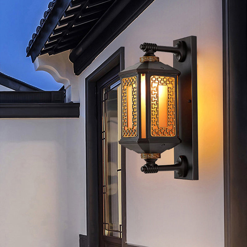 Lanterne rectangulaire chinoise traditionnelle en aluminium et verre à 1 lumière pour applique murale extérieure pour jardin 
