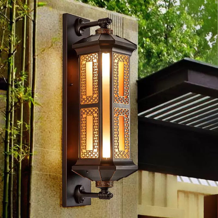 Lanterne rectangulaire chinoise traditionnelle en aluminium et verre à 1 lumière pour applique murale extérieure pour jardin 