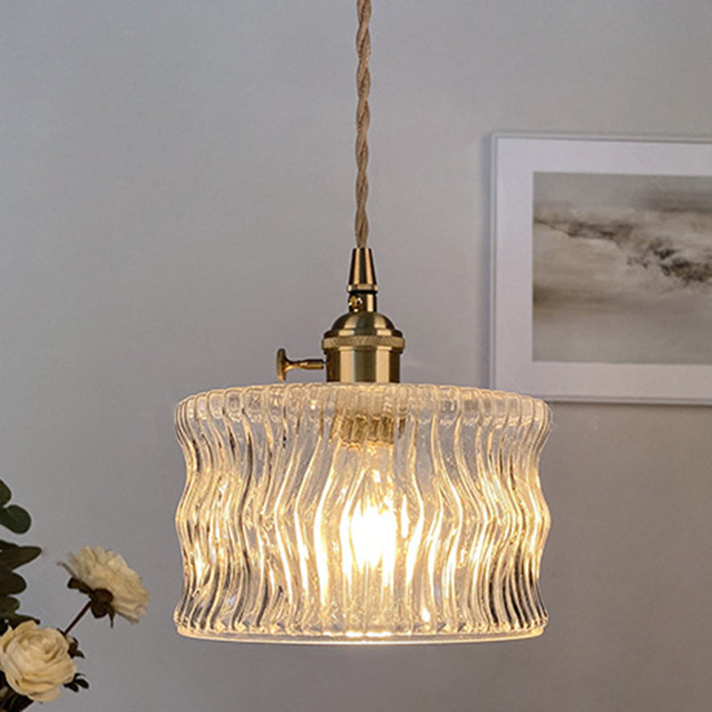 Traditional Vintage Round Cylinder Willow Glass Brass 1-Light Pendant Light For Living Room
