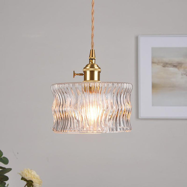 Traditional Vintage Round Cylinder Willow Glass Brass 1-Light Pendant Light For Living Room
