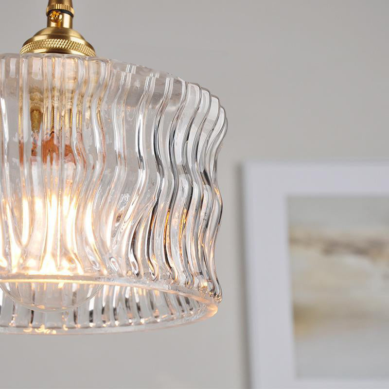 Traditional Vintage Round Cylinder Willow Glass Brass 1-Light Pendant Light For Living Room
