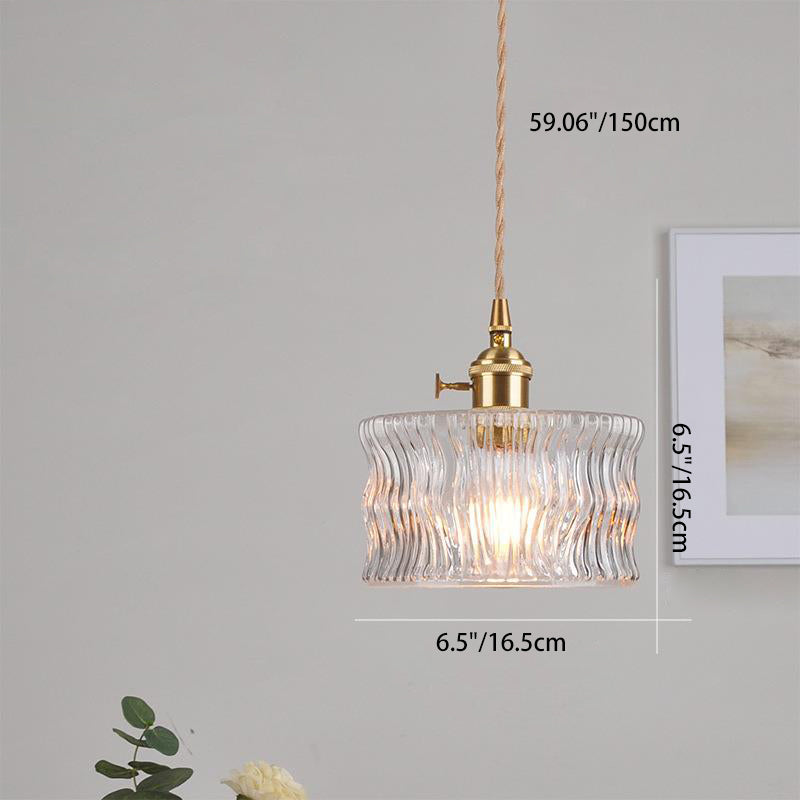 Traditional Vintage Round Cylinder Willow Glass Brass 1-Light Pendant Light For Living Room