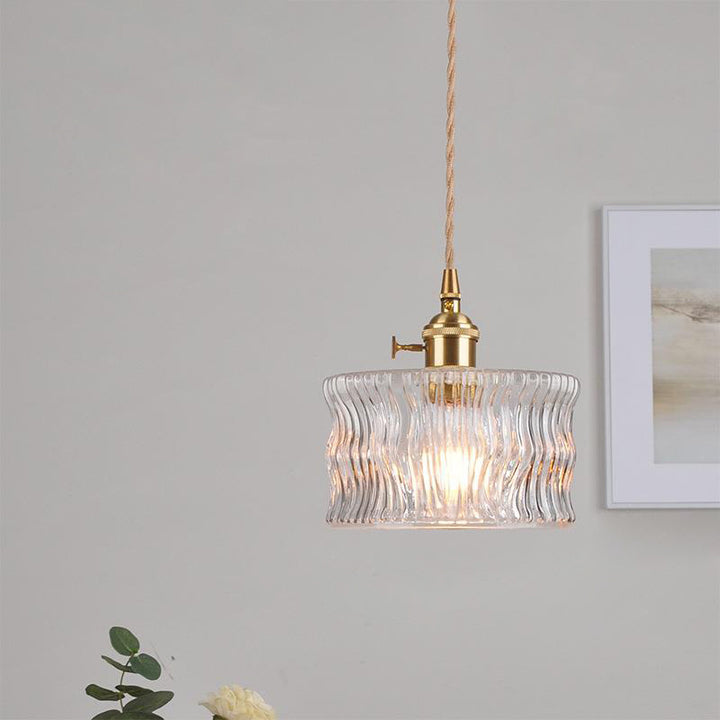 Traditional Vintage Round Cylinder Willow Glass Brass 1-Light Pendant Light For Living Room