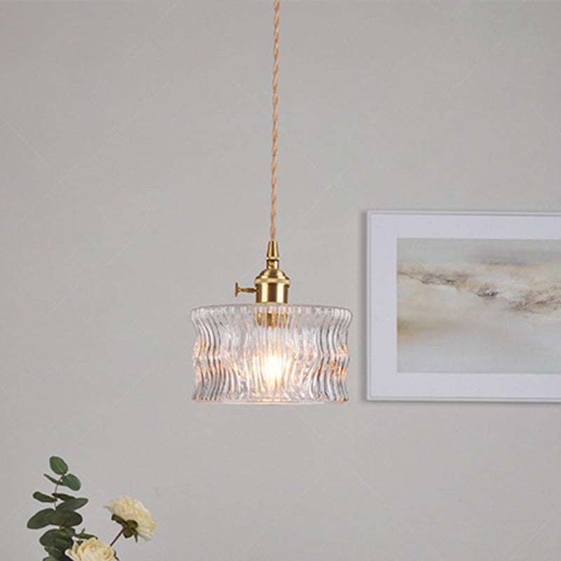 Traditional Vintage Round Cylinder Willow Glass Brass 1-Light Pendant Light For Living Room