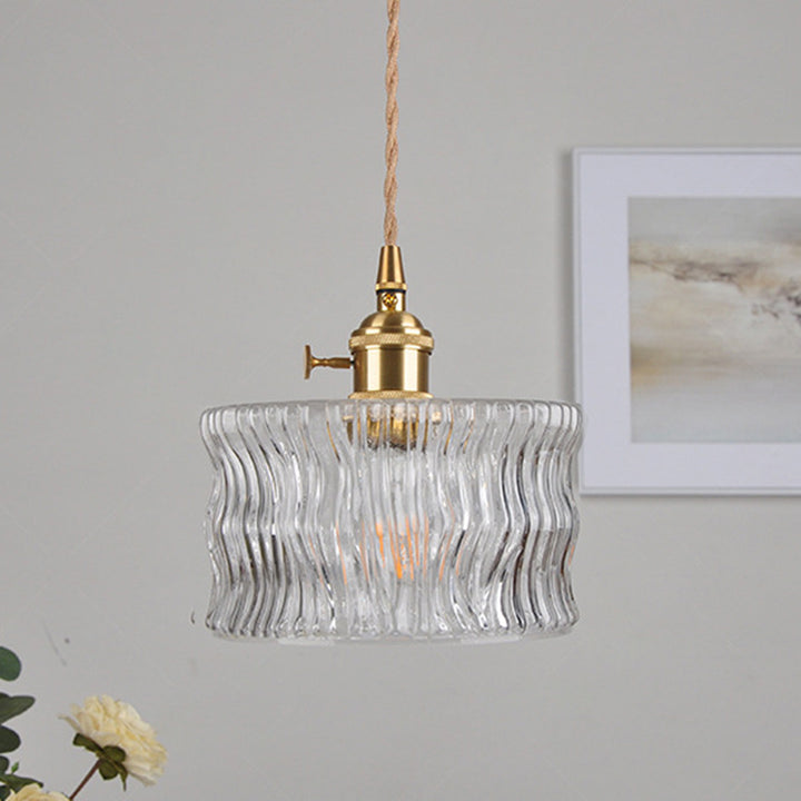 Traditional Vintage Round Cylinder Willow Glass Brass 1-Light Pendant Light For Living Room