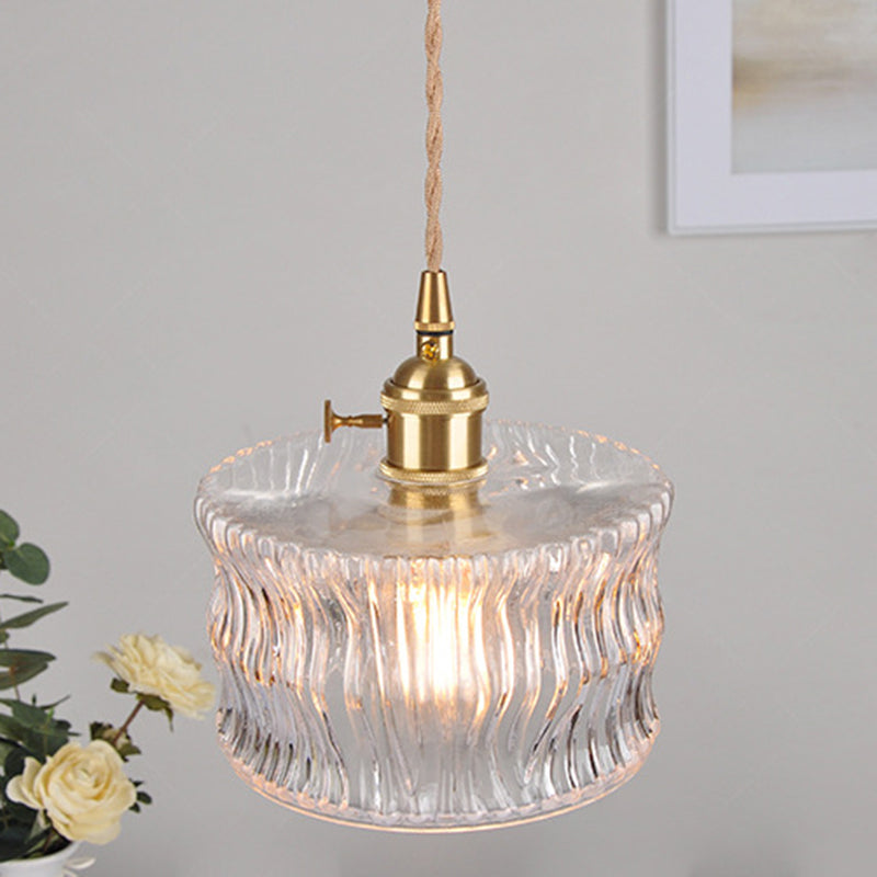 Traditional Vintage Round Cylinder Willow Glass Brass 1-Light Pendant Light For Living Room