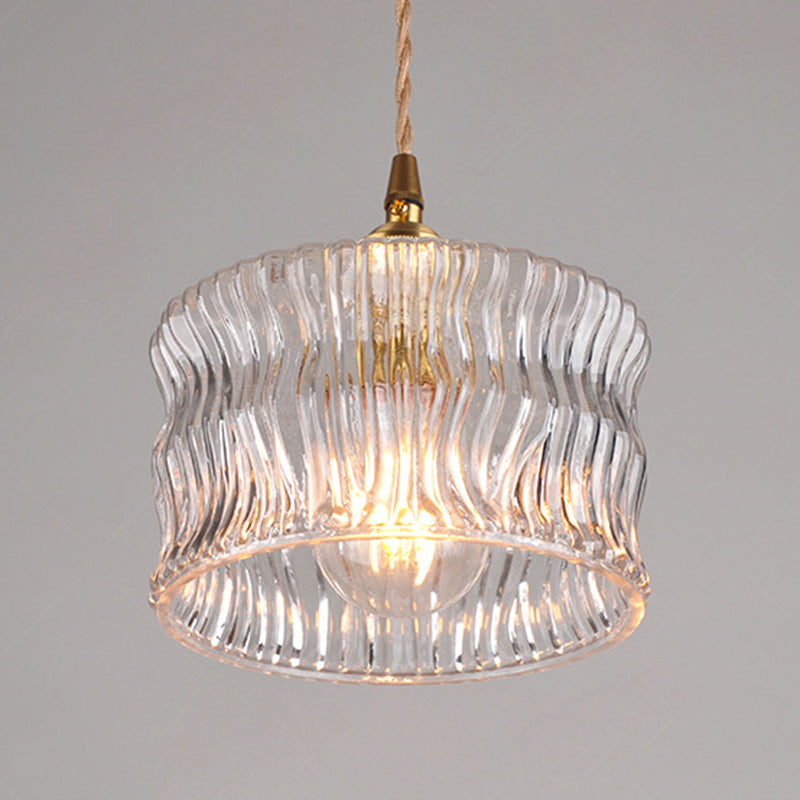 Traditional Vintage Round Cylinder Willow Glass Brass 1-Light Pendant Light For Living Room
